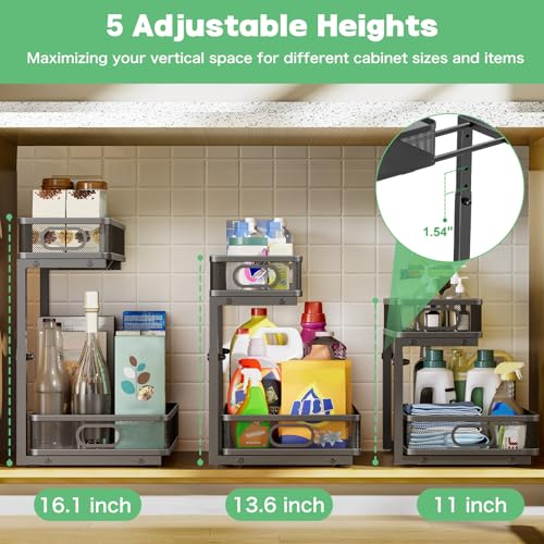 Dolesman Under Sink Organizer 2 Pack, High Adjustable 2 Tier Under Sink Organizers and Storage, Slide out Metal Cabinet Organizers, Pull out Storage Drawer Shelf for Kitchen Bathroom Cabinet - Image 5