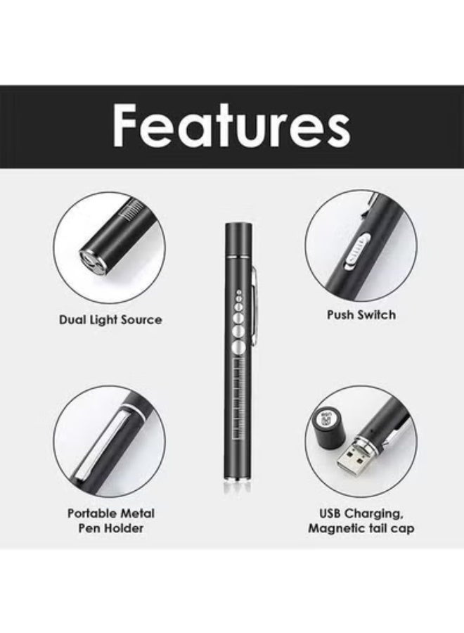 Pocket Pen Clip Torch, USB Rechargeable LED Pen Ligh, Mini Flashlight with 2 LED Sources, Reusable LED Penlight for Students Doctors Nurses, Black - Image 4