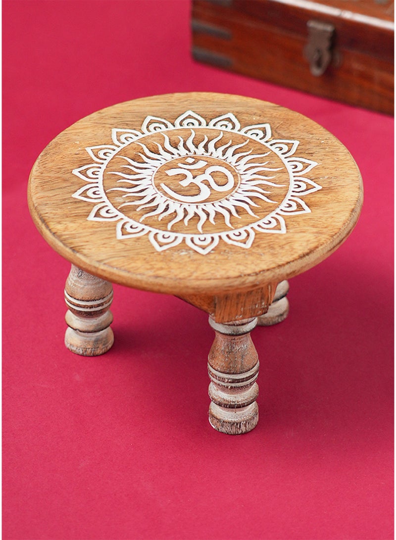 Madhoor Lotus Decorative Pooja Chowki (Patla/Bajot) White Brown for Pooja, Deity Idol Placement & Home Temples, 6 x 6 Inches, 1 Piece - Image 1