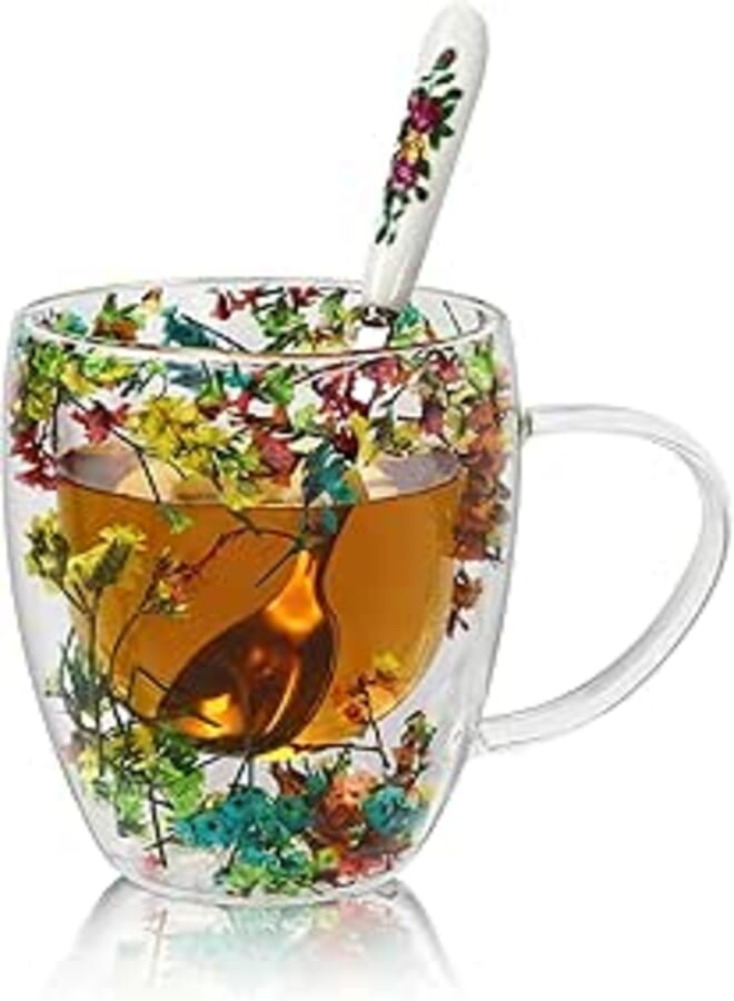Lanfly Dried Flowers Glass Tea Cup with Spoon Coffee Mug 350 ML Insulated Heat Resistant Double Wall Glass Mug,Novelty Gifts for Women Mum Wife Friend Glass Mug Birthday Valentine's Day Ideal Gifts