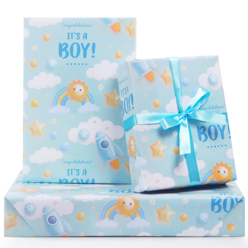 AirCool Its a Boy Wrapping Paper for Newborn baby boy Kids Light Blue Gift Wrap Paper6 Sheets Folded Flat 20x28 inches per Sheet with Ribbon for Baby Shower Birthday Celebration Gift Wrap - Image 3