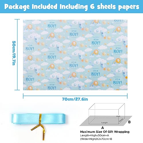 AirCool Its a Boy Wrapping Paper for Newborn baby boy Kids Light Blue Gift Wrap Paper6 Sheets Folded Flat 20x28 inches per Sheet with Ribbon for Baby Shower Birthday Celebration Gift Wrap - Image 5