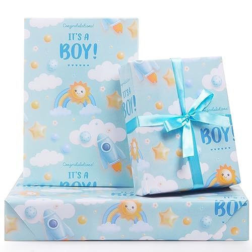 AirCool Its a Boy Wrapping Paper for Newborn baby boy Kids Light Blue Gift Wrap Paper6 Sheets Folded Flat 20x28 inches per Sheet with Ribbon for Baby Shower Birthday Celebration Gift Wrap - Image 2