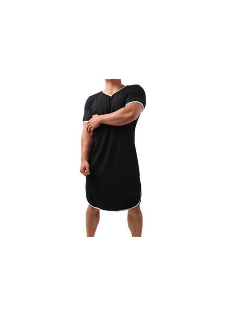 1-Piece V-neck Short Sleeve Comfy Gown Pajamas Home Clothes Robe Men Sleep Night Wear Long Color Black Size XL - Image 2