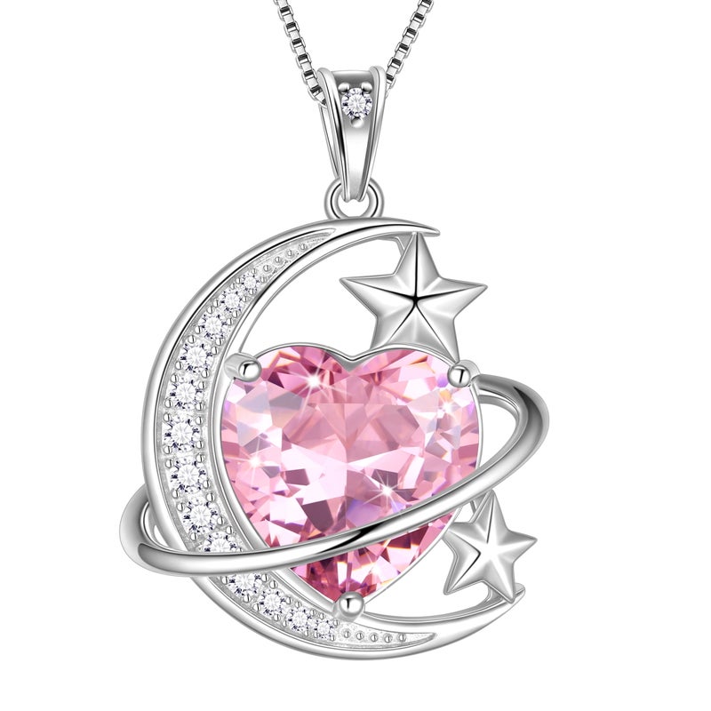 Juwaliy 13MM Women Moon Star Necklace Heart October Birthstone 925 Sterling Silver Pendant Pink Tourmaline Plane Jewelry Christmas Birthday Valentine's Day Gift for Her/Wife/Mother - Image 1