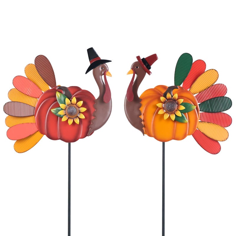 YEAHOME Thanksgiving Decorations Outdoor 2PCS Turkey Decorative Garden Stakes with Sunflowers for Fall Thanksgiving Decor Metal Yard Signs for Home Garden Lawn Porch Fall Decorations