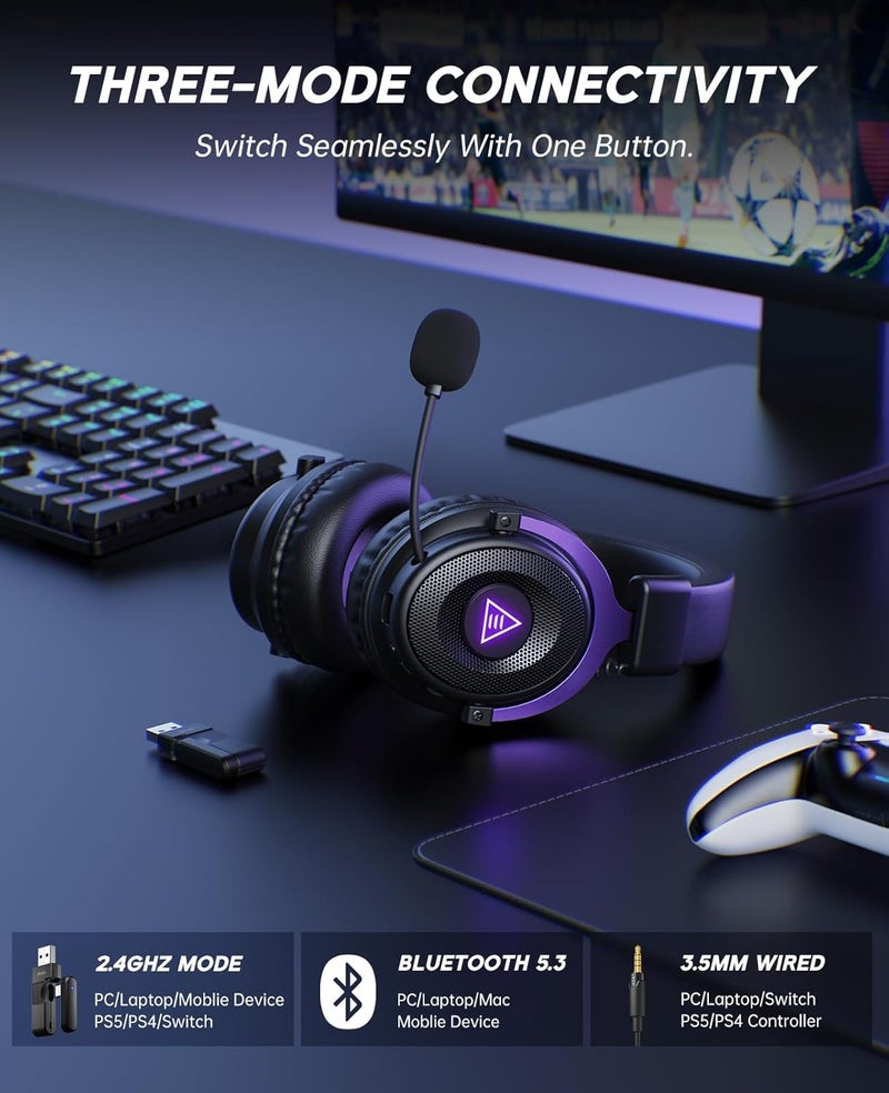 Wireless Gaming Headset for PC, Ps5, Ps4, 2.4 Ghz USB & Type-C Gaming Headphones with Microphone, 30ms Latency, 80H Battery Bluetooth Headphones for Switch, Laptop, Mobile, Mac - Image 2