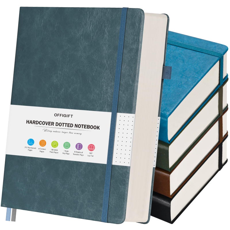 OFFIGIFT 5 Pack Bullet Dotted Journal Notebook, 312 Numbered Pages Dot Grid Notebooks Bulk, 100gsm No Bleed Paper Hardcover Leather Journal, Dot Journal Notebook Set for Women Men School Office, A5, Multicolor - Image 1