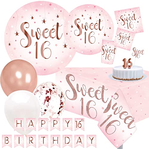 Oojami Sweet 16 Party Supplies for Girls Serves 24 Rose Gold Plates Napkins Cups Table Covers Balloons Banner Cake Topper Candle 16th Birthday Decorations Set - Image 1