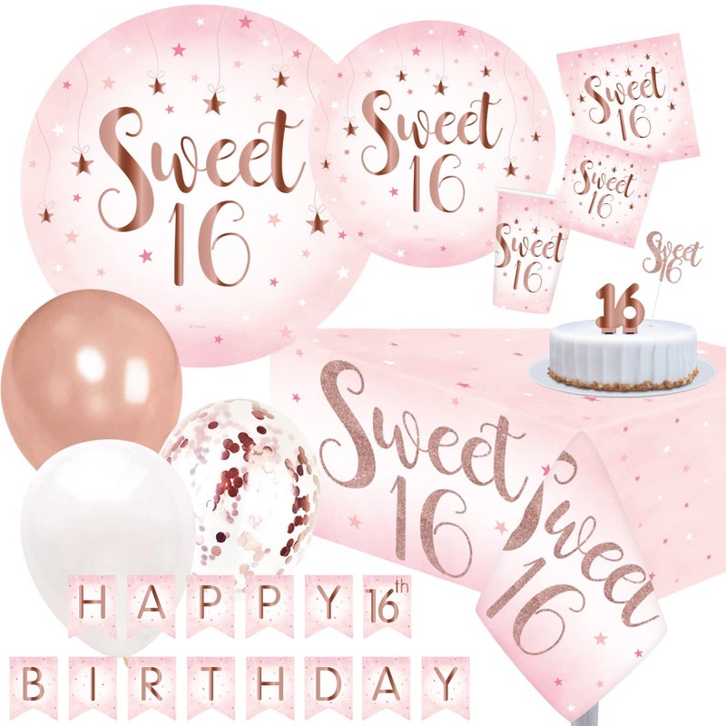 Oojami Sweet 16 Party Supplies for Girls Serves 24 Rose Gold Plates Napkins Cups Table Covers Balloons Banner Cake Topper Candle 16th Birthday Decorations Set - Image 3