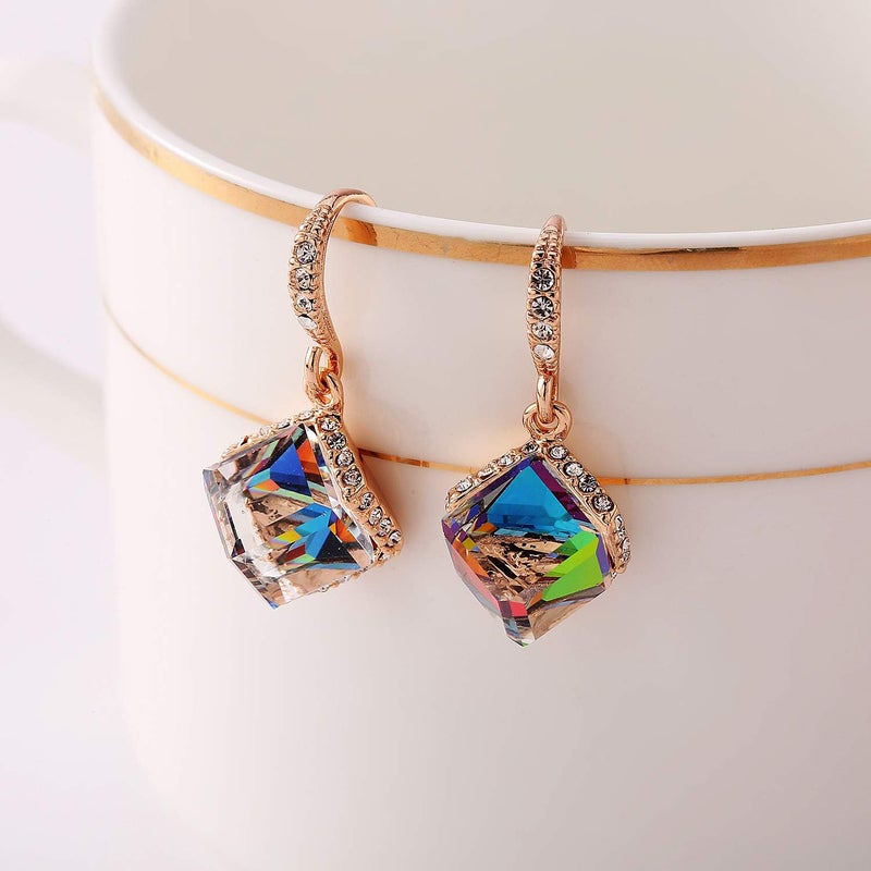 EVEVIC Austrian Crystal Cube Drop Dangle Earrings for Women 14K Gold Plated Hypoallergenic Jewelry (Rainbow/Rose Gold-tone) - Image 5