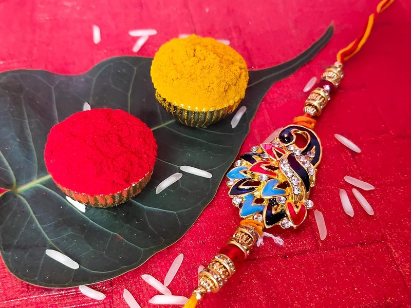Mahi Elegant Peacock Shaped Rakhi with Meenakari Work for Beloved Brother RA1100628G - Rakhi for Brother, Bhaiya, Bhai - Image 4