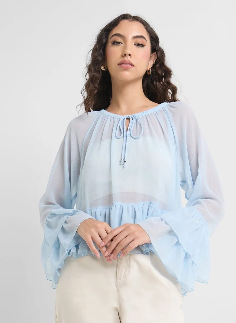 Neck Ruffled Tiered Detail Top