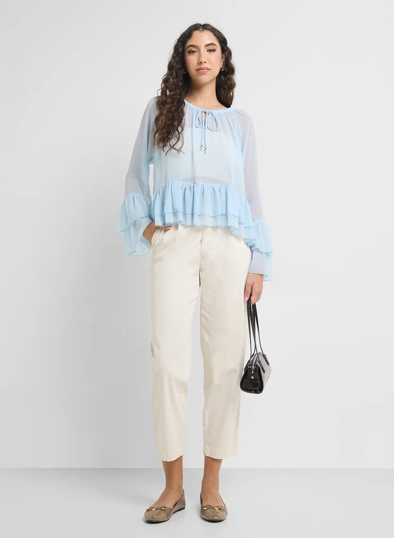 VERO MODA blue Neck Ruffled Tiered Detail Top for Women | Best Price UAE