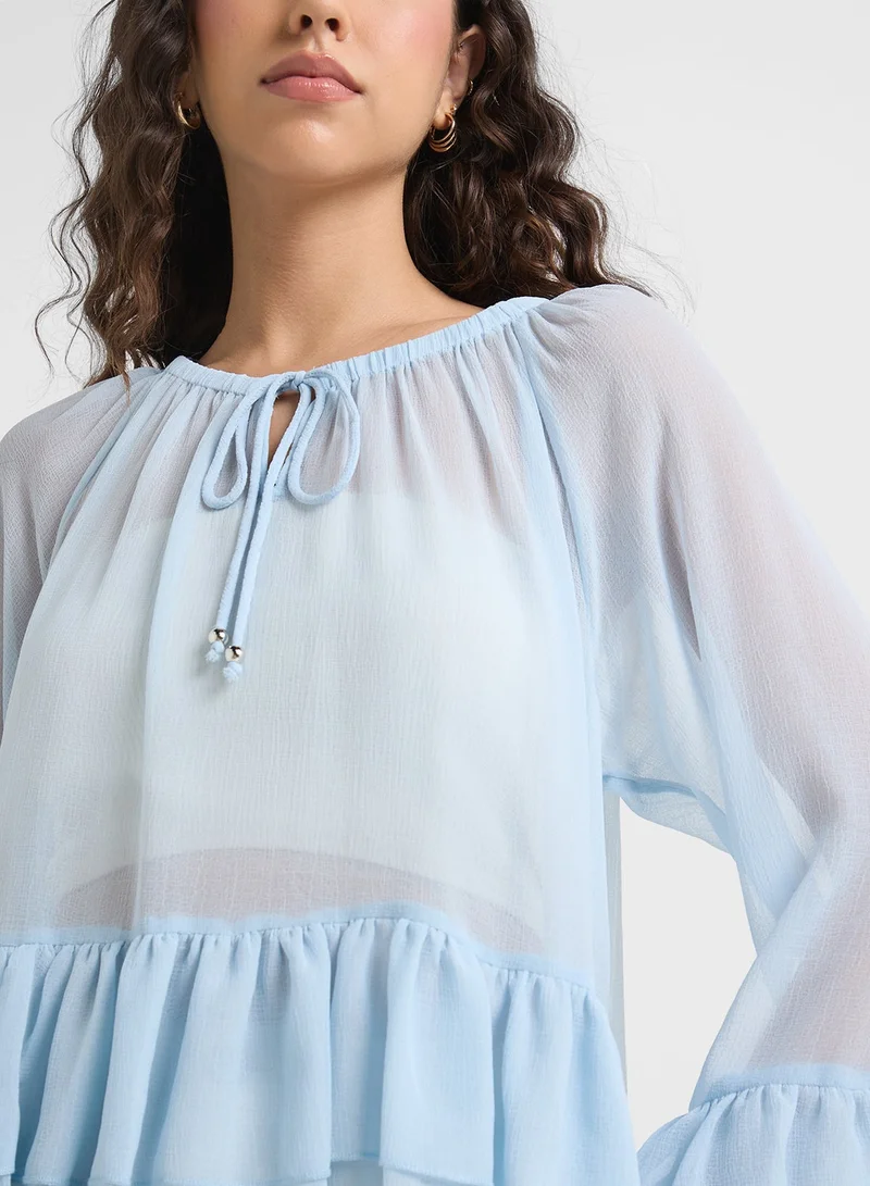VERO MODA blue Neck Ruffled Tiered Detail Top for Women | Best Price UAE