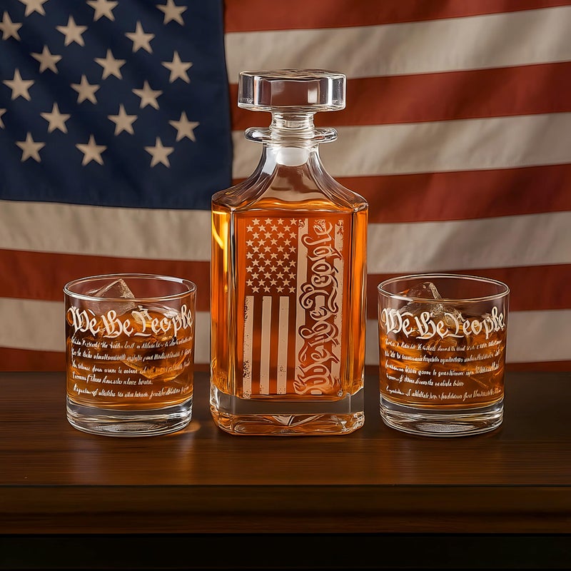 YJGS Whiskey Decanter Set for Men, We The People Decanter Set with Glasses, Engraved American Flag Decanter for Liquor Bourbon Gifts for Men Unique Birthday Father's Day Gifts for Men Dad - Image 2
