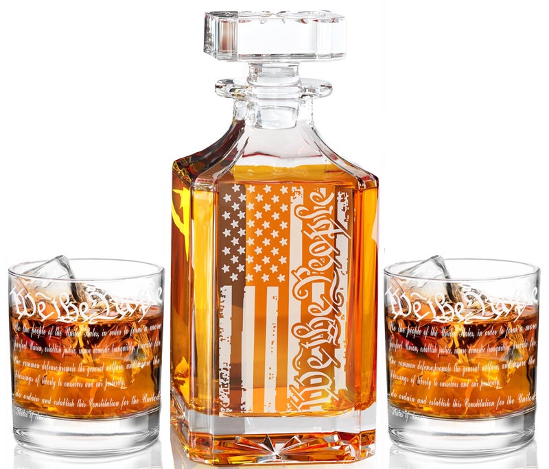 YJGS Whiskey Decanter Set for Men, We The People Decanter Set with Glasses, Engraved American Flag Decanter for Liquor Bourbon Gifts for Men Unique Birthday Father's Day Gifts for Men Dad - Image 1