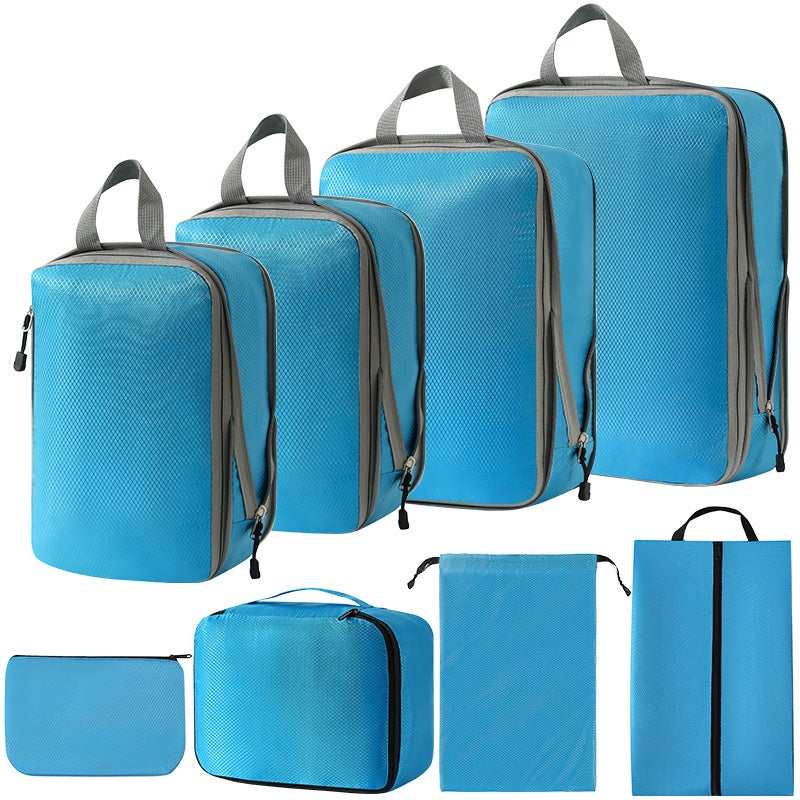 Travel Organizer Packing Cubes LuggageThree-piece set + s + shoe bag + bra bag + flat pocket + drawstring pocket (Blue eight-piece set) Three-piece set + s + shoe bag + bra bag + flat pocket + drawstring pocket (Blue eight-piece set)