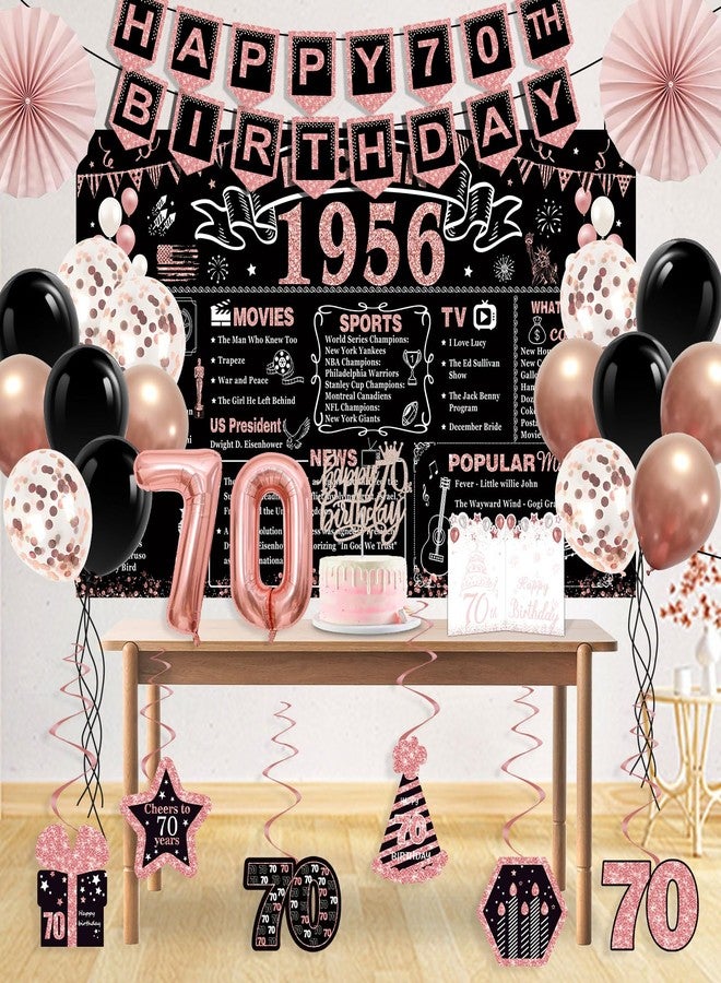 YeohJoy 70th Birthday Decorations for Women,32PCS Back in 1956 Birthday Party Decorations,Including Backdrop, Crown, Sash, banner, Hanging Swirl,Cake Topper,balloons,Paper Fans and Anniversary Card - Image 2