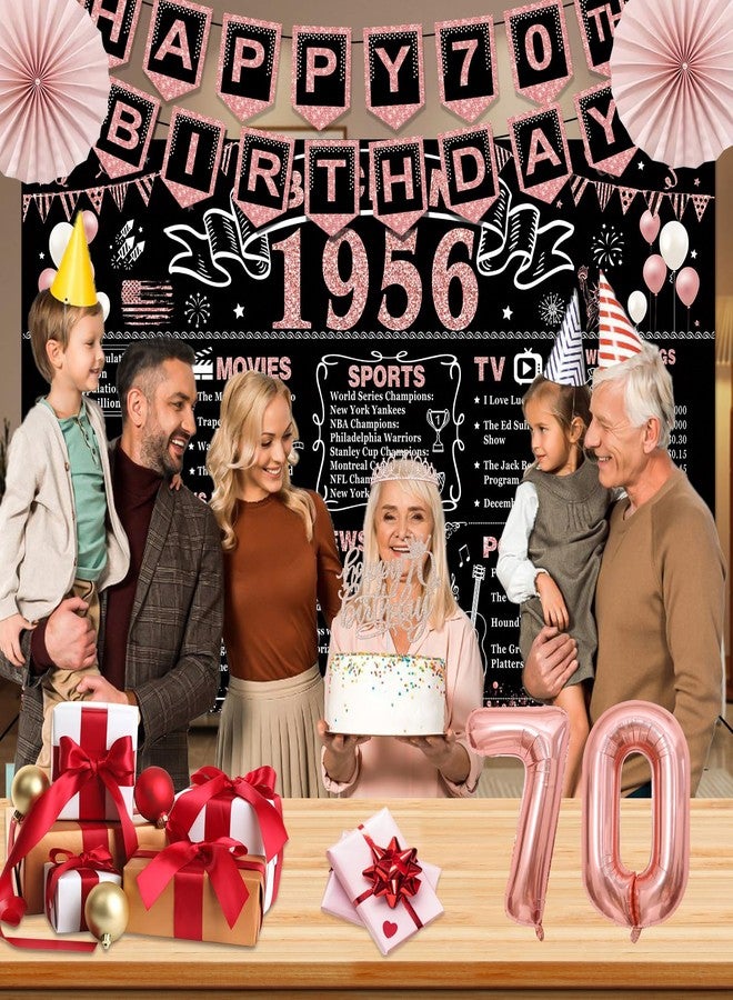 YeohJoy 70th Birthday Decorations for Women,32PCS Back in 1956 Birthday Party Decorations,Including Backdrop, Crown, Sash, banner, Hanging Swirl,Cake Topper,balloons,Paper Fans and Anniversary Card - Image 4