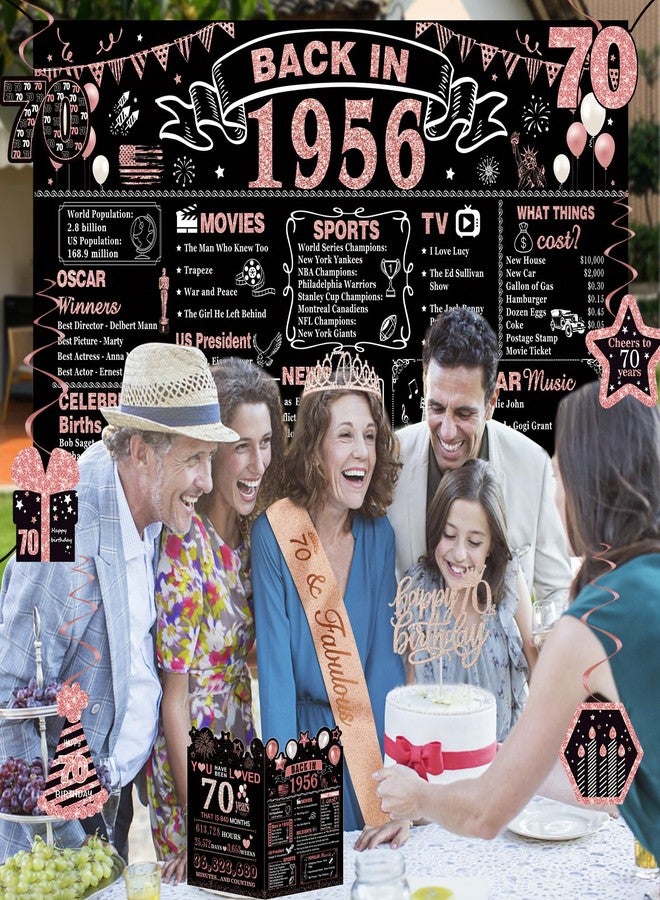 YeohJoy 70th Birthday Decorations for Women,32PCS Back in 1956 Birthday Party Decorations,Including Backdrop, Crown, Sash, banner, Hanging Swirl,Cake Topper,balloons,Paper Fans and Anniversary Card - Image 5