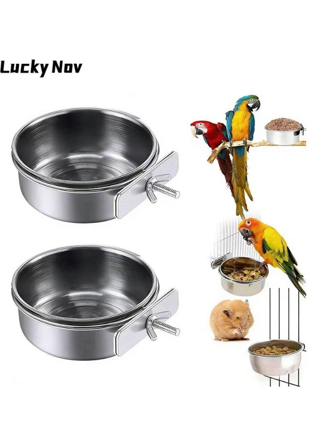 لاكي نوف أكواب تغذية الببغاوات، أوعية طعام الطيور، مغذيات ببغاوات من الفولاذ المقاوم للصدأ، أوعية ماء وأوعية لأقفاص الطيور مع مشبك تثبيت، مناسبة للكوكاتيل، والكونيور، والبادجي، والببغاوات الصغيرة، والماكاو، والشنشيلة، عبوة من قطعتين - Image 1