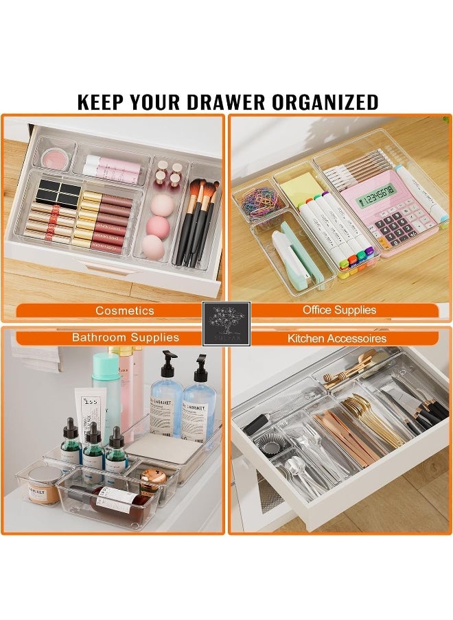sulfar - 14pcs Clear Plastic Drawer Organizer Tray for Makeup, Kitchen Utensils, Jewelries and Gadgets (Transparent) - Image 1