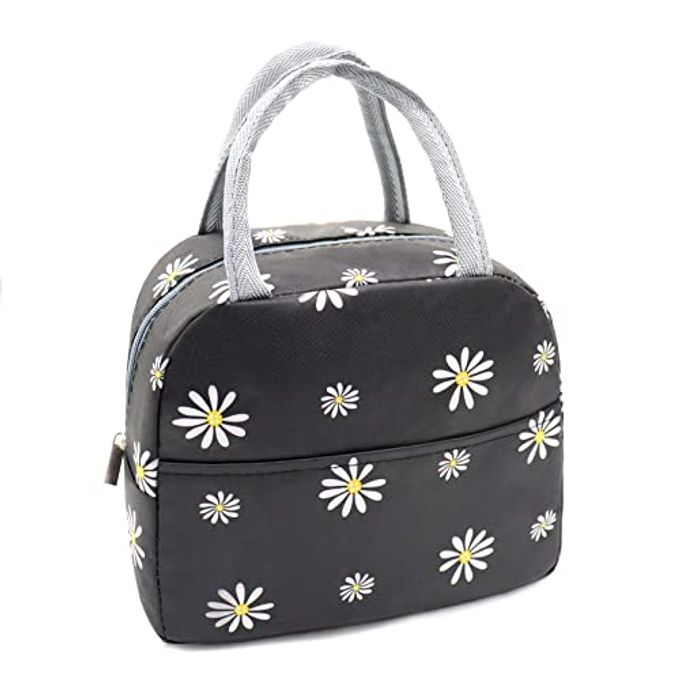 Sonuimy Insulated Lunch Bag Women, Reusable Cute Tote Lunch Box for Adult & Men, Leakproof Cooler Lunch Bags for Work Office Travel Picnic (Black with White Daisy) - Image 4