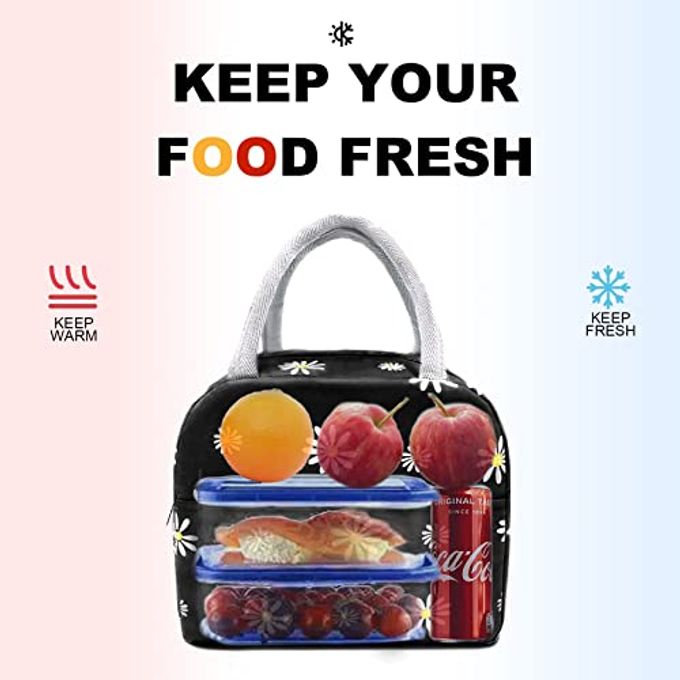 Sonuimy Insulated Lunch Bag Women, Reusable Cute Tote Lunch Box for Adult & Men, Leakproof Cooler Lunch Bags for Work Office Travel Picnic (Black with White Daisy) - Image 3