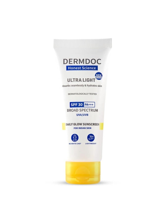 DermDoc Ultra Light Spf 30 Pa+++ Daily Glow Sunscreen (50Gm) | Sunblock | Lightweight | Non-Greasy | 0 White Cast - Image 1