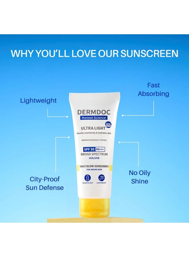 DermDoc Ultra Light Spf 30 Pa+++ Daily Glow Sunscreen (50Gm) | Sunblock | Lightweight | Non-Greasy | 0 White Cast - Image 2