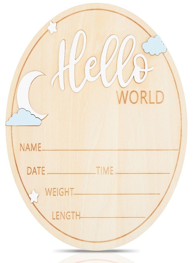 HASSLICKIT Wooden Hello World Newborn Sign, 5.9 Inch Baby Birth Announcement Board with Star Moon Cloud Design, 3D Hello & Engraved World, Birth Stats Keepsake for Hospital Photos & Nursery Decor - Image 1