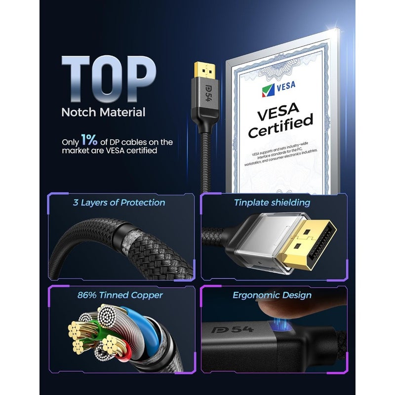 54Gbps Displayport 2.1 Cable [VESA Certified], 8K@120Hz, 4K@540Hz, HDR10, G-Sync and FreeSync, DSC 1.2a, DP 2.1 Cable for 540Hz 360Hz 240Hz 144Hz Gaming Monitor, PC, Graphics Card - Image 2