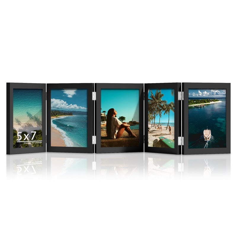 DUENPY 5 Folding 5x7 Picture Frame Horizontal Engineered Wood Accordion Photo Frame with Plexiglass Tabletop Bookshelf Display Black - Image 1