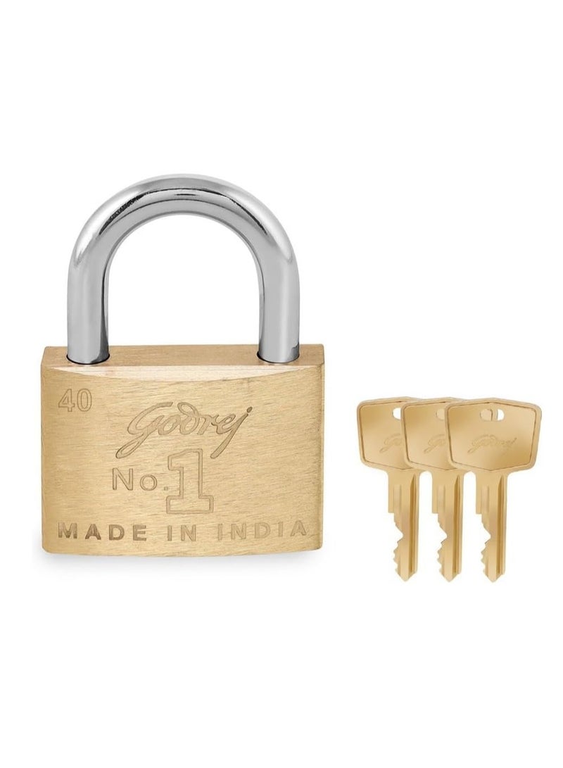 Godrej No. 1 Made in India 40mm Square Padlock for Door, Hardened Shackle Brass Finish Lock for Main Door with 3 Keys - Image 1