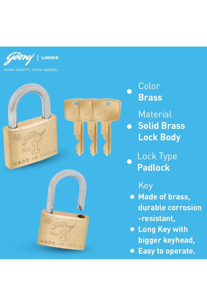 Godrej No. 1 Made in India 40mm Square Padlock for Door, Hardened Shackle Brass Finish Lock for Main Door with 3 Keys - Image 3