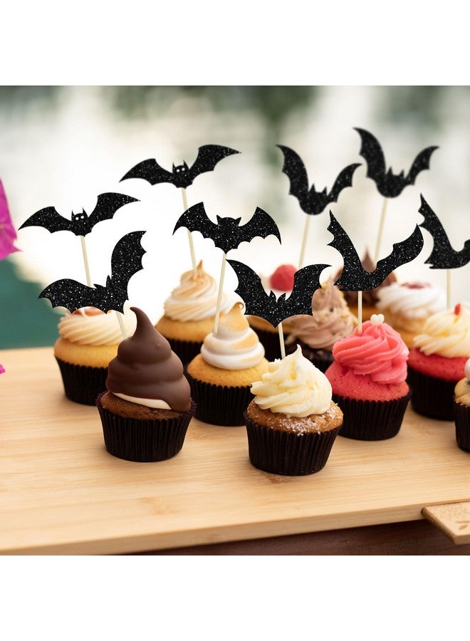 Ephlyn 24Pcs Halloween Bat Cupcake Toppers Black Glitter Bat Halloween Cupcake Pick Decorations for Halloween Theme Baby Shower Kids Birthday Party Cake Decorations Supplies - Image 5
