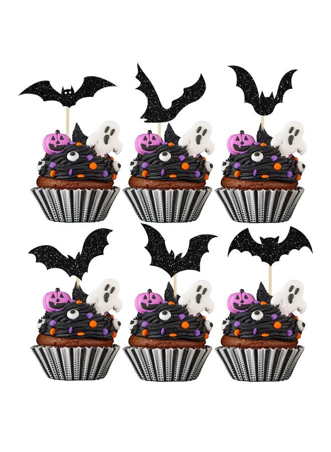 Ephlyn 24Pcs Halloween Bat Cupcake Toppers Black Glitter Bat Halloween Cupcake Pick Decorations for Halloween Theme Baby Shower Kids Birthday Party Cake Decorations Supplies - Image 1