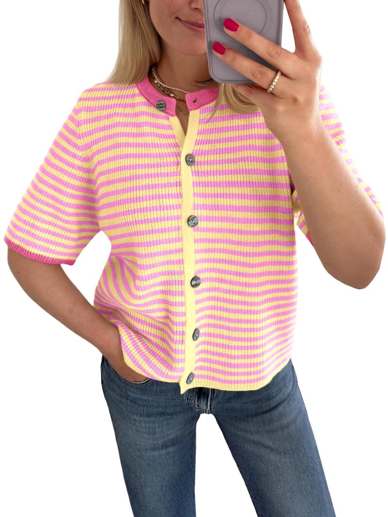 Saodimallsu Womens Short Sleeve Cardigans Lightweight Striped Button Down Crew Neck Spring Summer Sweater Tops Yellow - Image 1