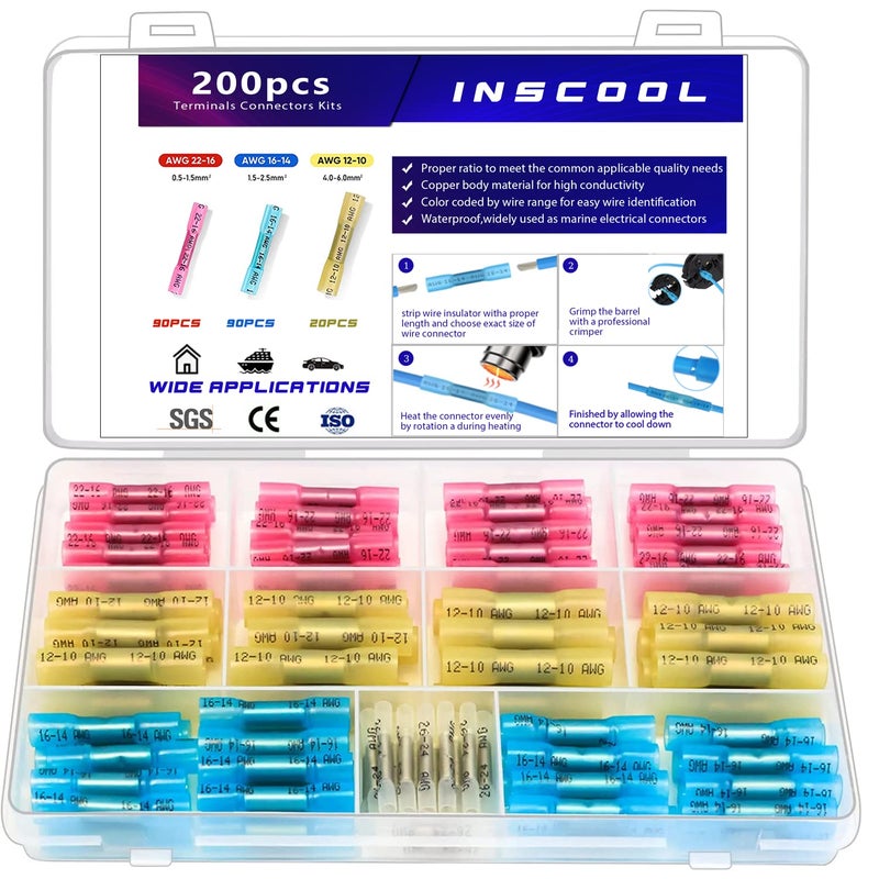 Inscool 200pcs Heat Shrink Butt Connector, Waterproof Crimp Electrical Wire Connector, Butt Splice Terminal Best for Repair and Maintenance. Suitable for Automotive, Decoration Wiring, Marine Wire Joint - Image 1