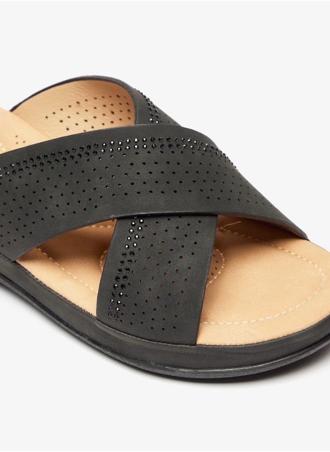 shoexpress - Women Perforated Slip-On Cross Strap Slide Sandals - Image 1