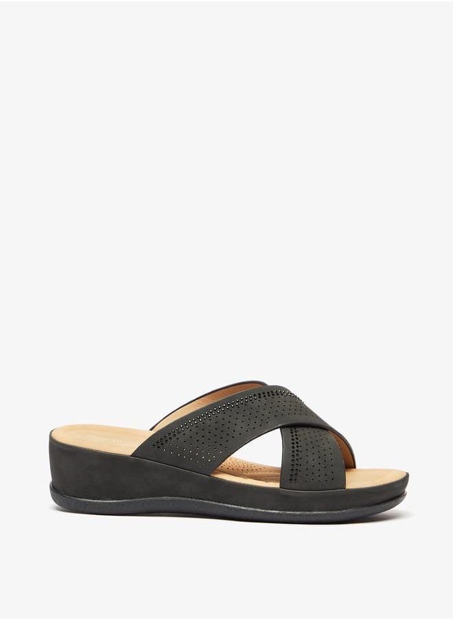 shoexpress - Women Perforated Slip-On Cross Strap Slide Sandals - Image 1