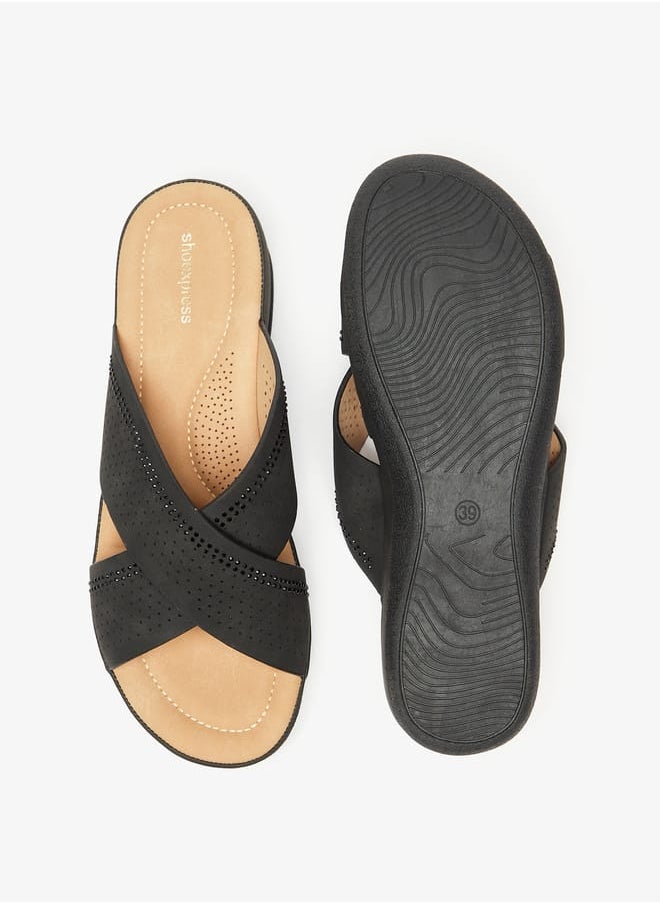 shoexpress - Women Perforated Slip-On Cross Strap Slide Sandals - Image 1
