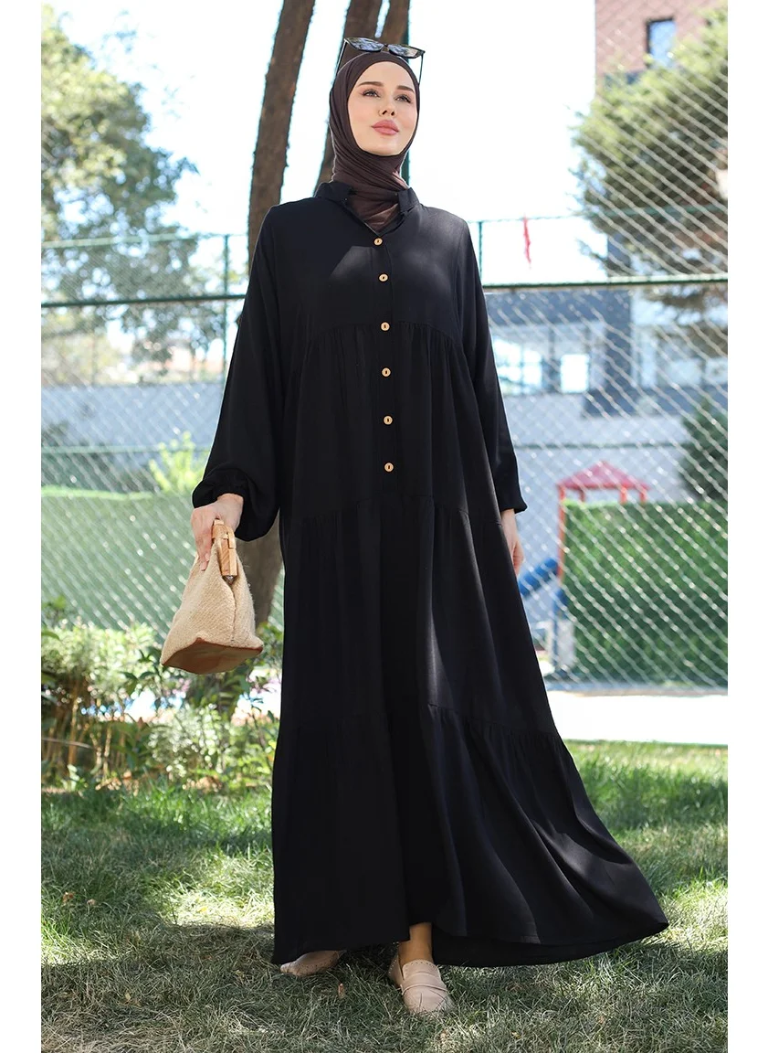 Sefa Merve Elastic Sleeve Buttoned Dress 0463-03 Black