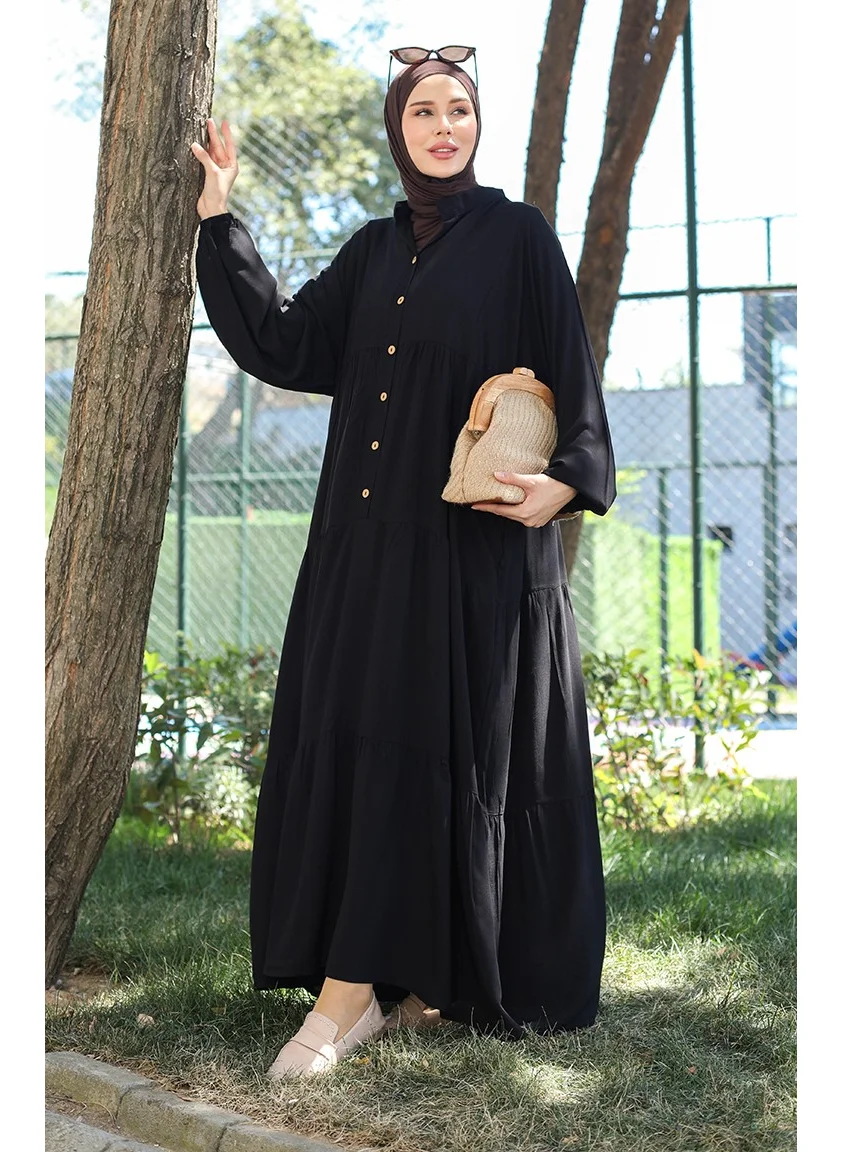 Sefa Merve Elastic Sleeve Buttoned Dress 0463-03 Black