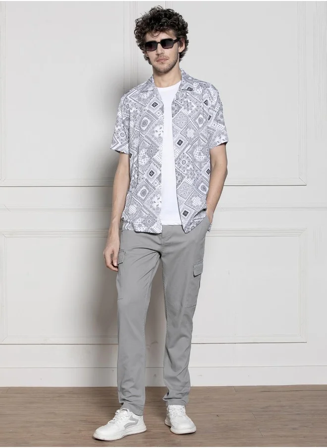 Dennis Lingo Relaxed Fit White Shirt for Men - Poly Printed Fabric, Printed Pattern, Cuban Collar, Half Sleeves, Casual Look