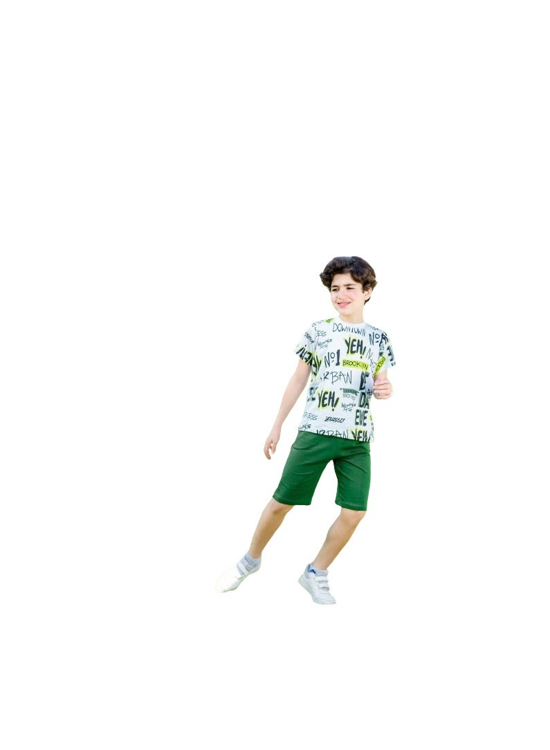 Boys' set, formal white T-shirt and green shorts - Image 1