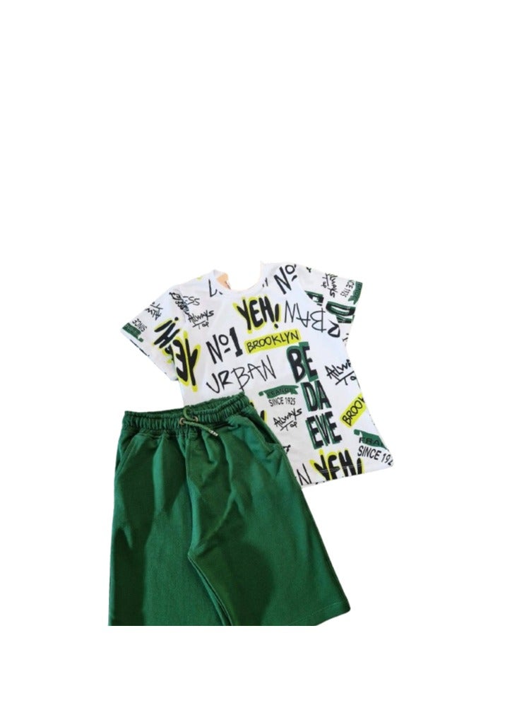 Boys' set, formal white T-shirt and green shorts - Image 2
