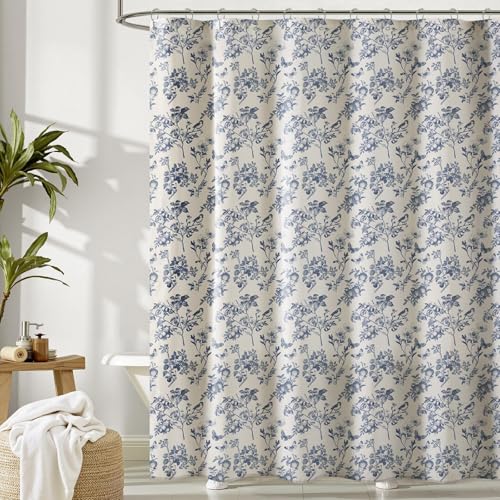 Treory Blue Floral Shower Curtain, Linen Texture Cottage Core Toile Bathroom Curtain with Birds & Fruit Pattern, Vintage French Country Style, Waterproof Cloth with Metal Hooks, 72" W x 72" L - Image 1