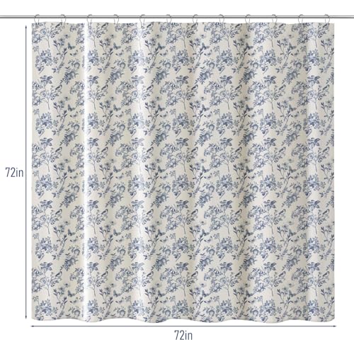 Treory Blue Floral Shower Curtain, Linen Texture Cottage Core Toile Bathroom Curtain with Birds & Fruit Pattern, Vintage French Country Style, Waterproof Cloth with Metal Hooks, 72" W x 72" L - Image 3